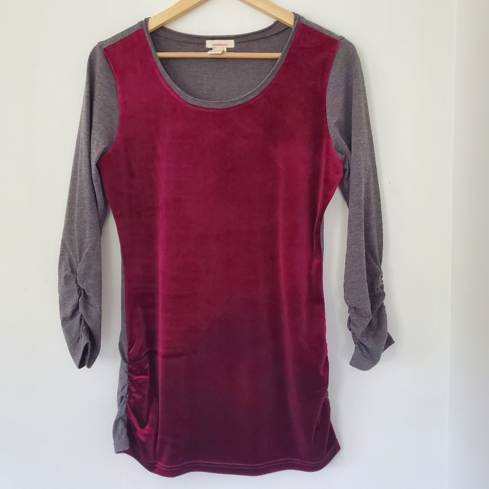 SUNDANCE M Burgundy Grey Velvet Ruched Dulcet Tones LS Tee Top Stretch Fall EUC